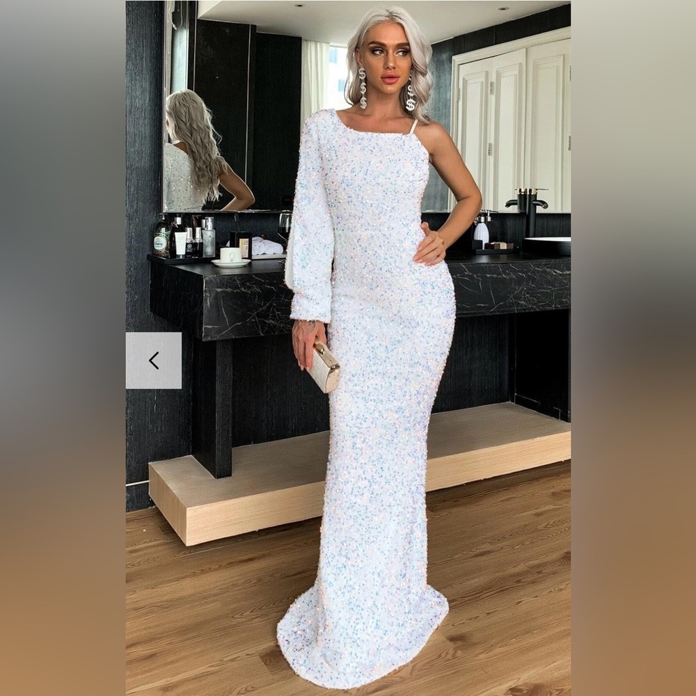 Missord Elegant Feminine White One Shoulder Sequin Party Dress